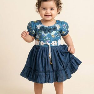 glossy synthetic wrinkle fabric knee length floral print dress, flounce sleeve elegant frock for kids & girls