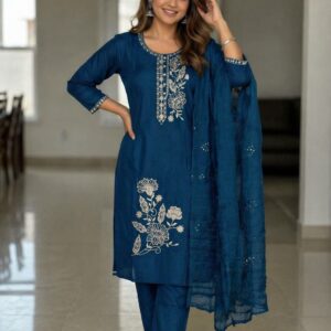 women ethnic motifs embroidered regular thread work chanderi cotton kurta