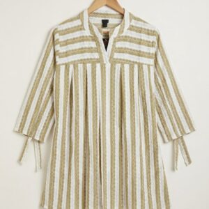 multi colored striped casual three quarter sleeves mandarin collar women loose fit top