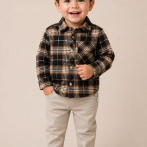 miniklub boys brown woven regular fit chequered shirt and pants
