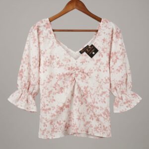 short kurti white with pink floral print v neck peplum top with puff sleeves