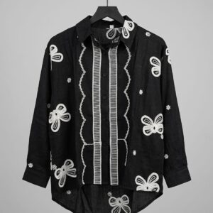 women floral embroidered lapel collar long sleeves cotton shirt