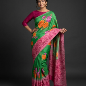 vibrant green banarasi silk blend floral printed saree