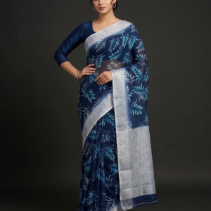 leaf printed handloom cotton linen saree