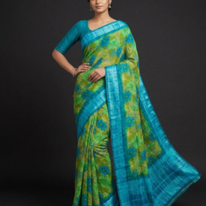 floral print parrot green saree
