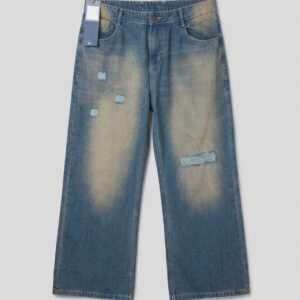 dust fade blue scratched patch worked wide leg jeans