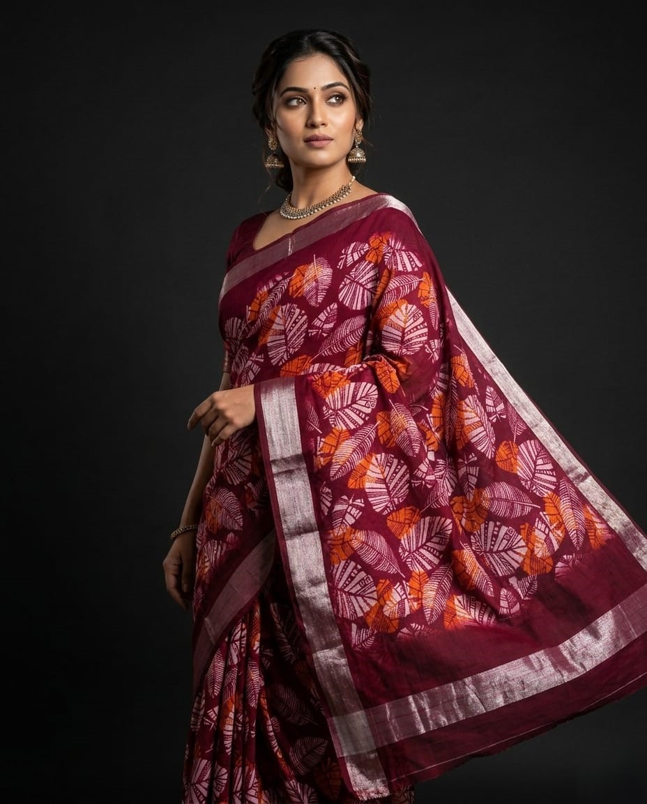 leaf printed handloom cotton linen saree leaf printed handloom cotton linen saree
