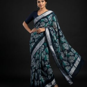 leaf printed handloom cotton linen saree