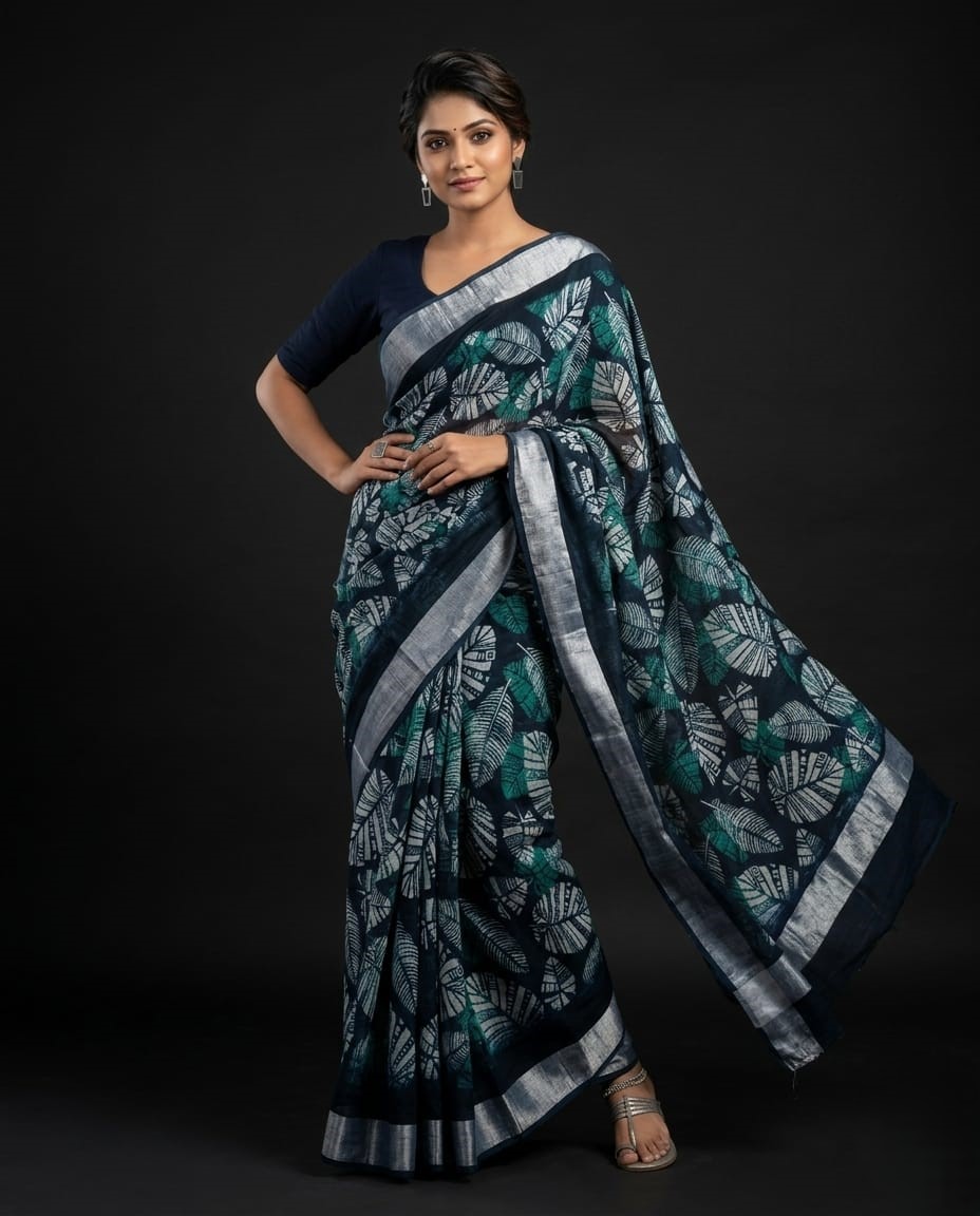leaf printed handloom cotton linen saree leaf printed handloom cotton linen saree