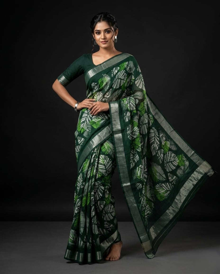 leaf printed handloom cotton linen saree leaf printed handloom cotton linen saree