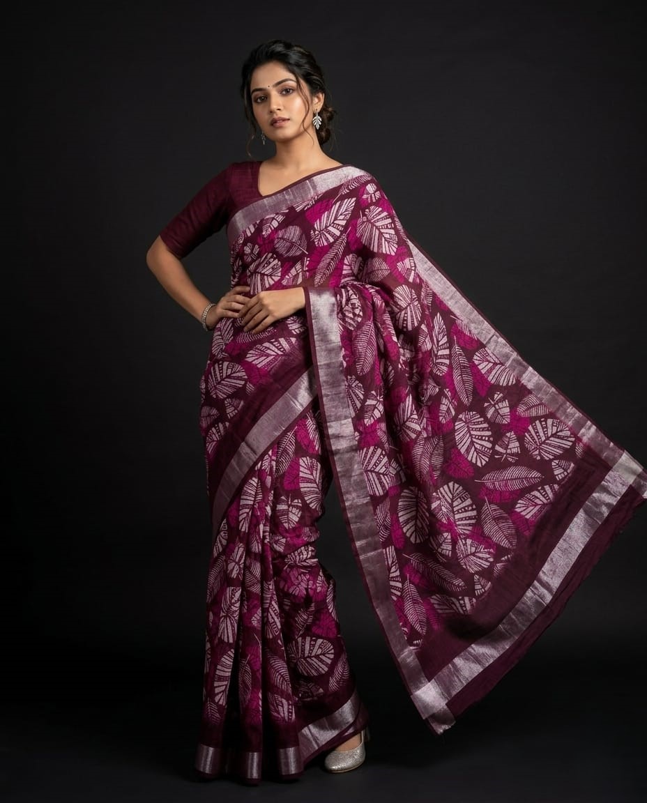 leaf printed handloom cotton linen saree leaf printed handloom cotton linen saree