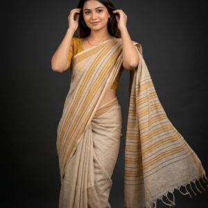 beige cotton linen saree featuring a striped pattern