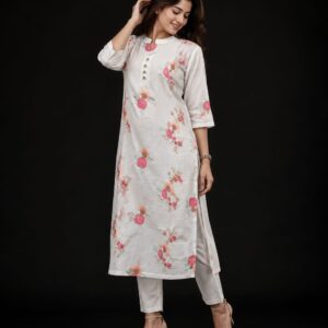 floral embroidered sleeveless straight kurta dress with mandarin collar