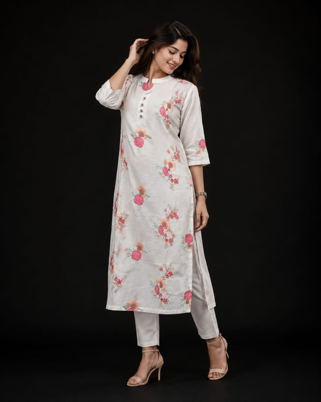 floral embroidered sleeveless straight kurta dress with mandarin collar floral embroidered sleeveless straight kurta dress with mandarin collar
